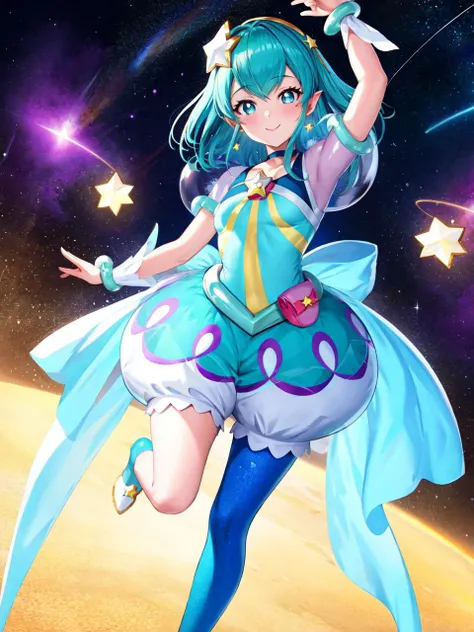 masterpiece, best quality, highres, looking_at_viewer, depth_of_field, full body, official art,
1girl, <lora:locon_cure_milky_04:0.9>, cure milky, symbol shaped pupils, see-through short sleeves, hair ornament, ((single leg)) pantyhose, star, pointy ears, earrings, wrist cuffs, porch,
smile, standing, gradient background, milky_way, galaxy,