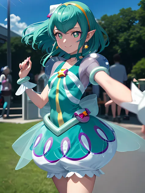 full_eyes masterpiece, best quality, realistic, highres, looking_at_viewer, depth_of_field, full body, official art, 1girl, cure milky, symbol shaped pupils, see-through short sleeves, hair ornament, ((single leg)) pantyhose, star, pointy ears, earrings, wrist cuffs, porch,
smile, standing, milky_way, cowboy shot, portrait, anime screencap, anime coloring, cute, motion blur, dignified, outdoors, grass, skyline, (sunshine), Lightning strike,