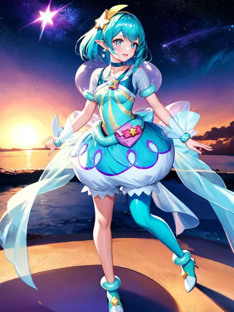 masterpiece, best quality, highres, looking_at_viewer, depth_of_field, full body, official art,
1girl, <lora:locon_cure_milky_04:0.9>, cure milky, symbol shaped pupils, see-through short sleeves, hair ornament, single leg pantyhose, star, pointy ears, earrings, wrist cuffs, porch,
smile, standing, gradient background, milky_way, galaxy,