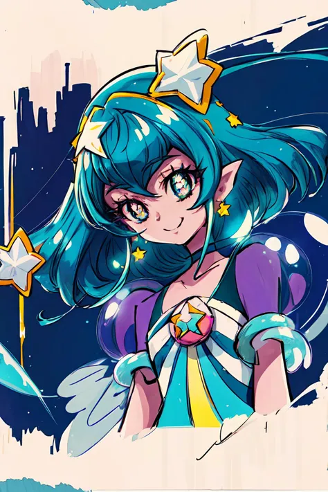 masterpiece,best quality,1girl,cure milky,symbol shaped pupils,see-through short sleeves,hair ornament,star,(pointy ears:0.7),earrings,wrist cuffs,porch,smile,(milky way),upper body,<lora:locon_cure_milky_04:0.9>,<lora:KamikitaV2:0.8>,