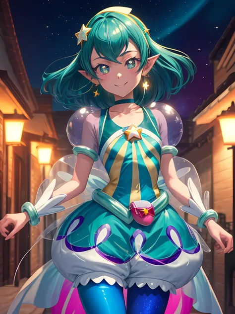 full_eyes, masterpiece, best quality, highres, looking_at_viewer, depth_of_field, full body, official art, 1girl, cure milky, symbol shaped pupils, see-through short sleeves, hair ornament, ((single leg)) pantyhose, star, pointy ears, earrings, wrist cuffs, porch,
smile, standing, gradient background, milky_way, galaxy, standing, cowboy shot, portrait, anime screencap, anime coloring, (cute), smile,
