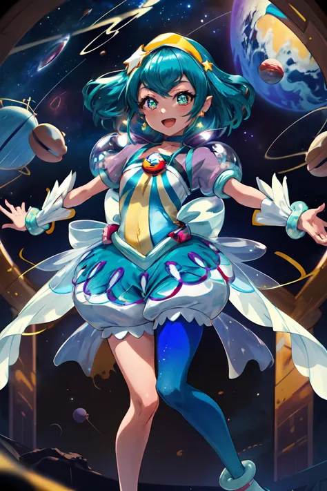 masterpiece,best quality,1girl,cure milky,symbol shaped pupils,see-through short sleeves,hair ornament,single leg pantyhose,star,(pointy ears:0.7),earrings,wrist cuffs,porch,smile,open mouth,standing on one leg,spread arms,outstretched arms,outer space,(milky way),<lora:locon_cure_milky_04:0.9>,
