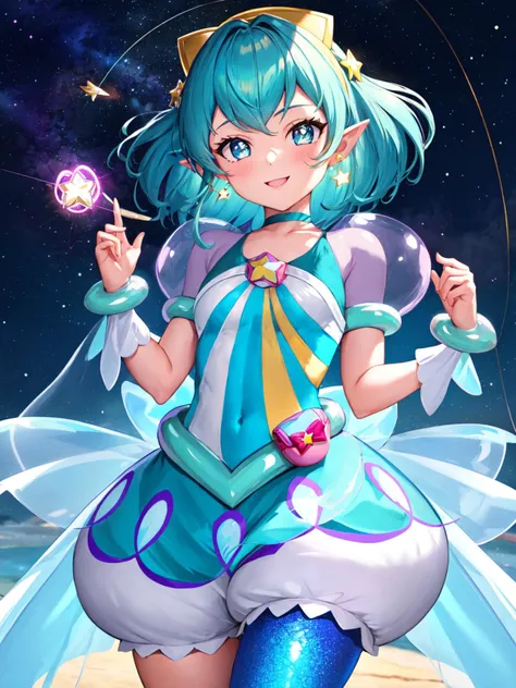 masterpiece, best quality, highres, looking_at_viewer, depth_of_field, cowboy shot,
1girl, <lora:locon_cure_milky_04:0.9>, cure milky, symbol shaped pupils, see-through short sleeves, hair ornament, single leg pantyhose, star, pointy ears, earrings, wrist cuffs, porch,
smile, standing, gradient background, milky_way, galaxy,