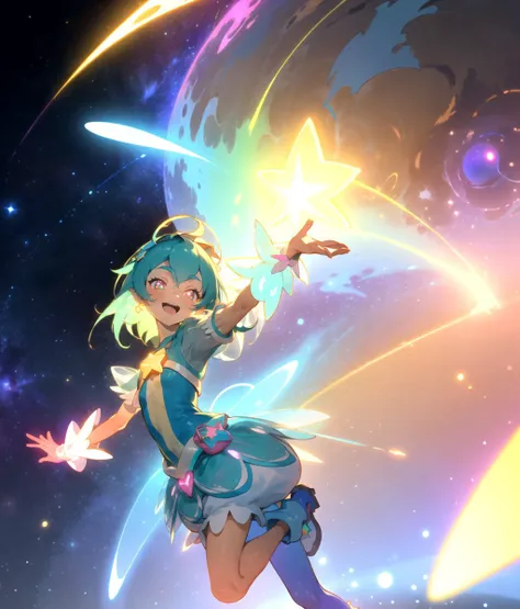 green
floating,solo
outstretched arms,
(outdoors,:1.1) ,(happy, smile,;d:1.1)
(fantasy,:1.2) (colorful luminescence planet growing neon:1.3) ()
(galaxy,milky way:1.2),( planet,:1.2)
( holographic:1.1)(hologram,:1.3)(neon:1.1)
(starry sky:1.2), light particles, ,(glowing, transparent background,:1.3)<lora:glowing:-1> <lora:transparent:-1>
tan,
<lora:locon_cure_milky_04:0.6> cure milky, symbol shaped pupils, see-through short sleeves, hair ornament, single leg pantyhose, star, pointy ears, earrings, wrist cuffs, porch