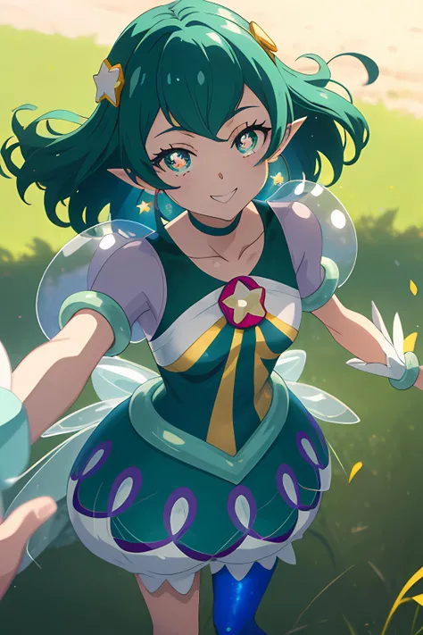 masterpiece, best quality, highres, looking_at_viewer, depth_of_field, full body, official art, 1girl, cure milky, symbol shaped pupils, see-through short sleeves, hair ornament, ((single leg)) pantyhose, star, pointy ears, earrings, wrist cuffs, porch,
smile, standing, gradient background, milky_way, galaxy, standing, cowboy shot, portrait, anime screencap, anime coloring, (cute), smile, normal breast, motion blur, looking at viewer, outdoors, Grassy field, skyline,