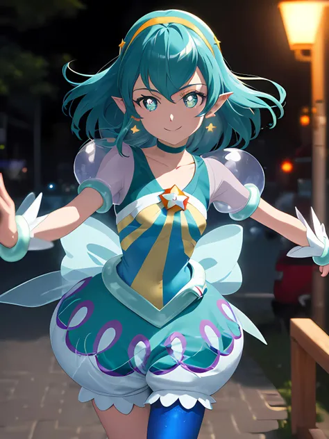 full_eyes masterpiece, best quality, realistic, highres, looking_at_viewer, depth_of_field, full body, official art, 1girl, cure milky, symbol shaped pupils, see-through short sleeves, hair ornament, ((single leg)) pantyhose, star, pointy ears, earrings, wrist cuffs, porch,
smile, standing, gradient background, milky_way, galaxy, standing, cowboy shot, portrait, anime screencap, anime coloring, cute, motion blur, dignified, smile, outdoors, grass, skyline,