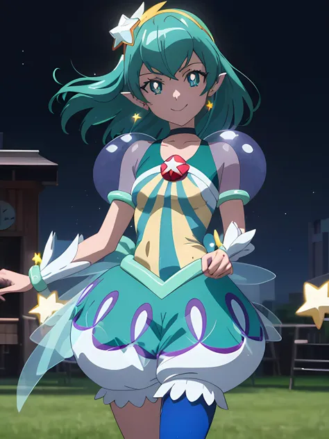 full_eyes masterpiece, best quality, realistic, highres, looking_at_viewer, depth_of_field, full body, official art, 1girl, cure milky, symbol shaped pupils, see-through short sleeves, hair ornament, ((single leg)) pantyhose, star, pointy ears, earrings, wrist cuffs, porch,
smile, standing, gradient background, milky_way, galaxy, standing, cowboy shot, portrait, anime screencap, anime coloring, cute, motion blur, dignified, smile, outdoors, grass, skyline,