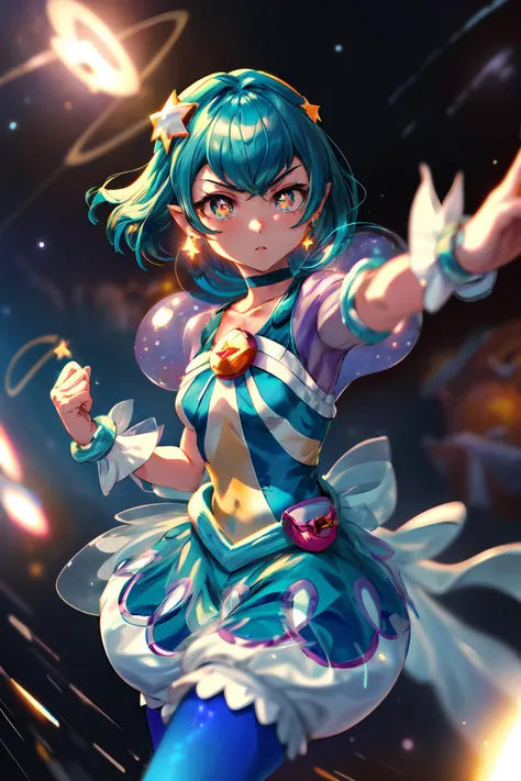 masterpiece,best quality,1girl,cure milky,symbol shaped pupils,see-through short sleeves,hair ornament,single leg pantyhose,star,(pointy ears:0.7),earrings,wrist cuffs,porch,((serious)),fighting stance,action pose,(attack),motion lines,motion blur,shockwave,cowboy shot,(outer space,milky way),dutch angle,<lora:locon_cure_milky_04:0.9>,<lora:Concept-control tool-add_detail-CyberAIchemist:1>,