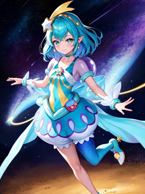 masterpiece, best quality, highres, looking_at_viewer, depth_of_field, full body, official art,
1girl, <lora:locon_cure_milky_04:0.9>, cure milky, symbol shaped pupils, see-through short sleeves, hair ornament, single leg pantyhose, star, pointy ears, earrings, wrist cuffs, porch,
smile, standing, gradient background, milky_way, galaxy,