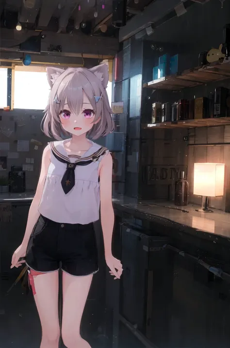 masterpiece, best quality, illustration, 4k, 8k, highly detailed, detailed face, HDR, vivid colors, natural lighting, 1girl, Shorts. vanishing point, naughty face, cropped torso, arms behind back, (shop:0.6) <lora:theovercomer8sContrastFix_sd15:0.9> <lora:torasuchan:0.6>