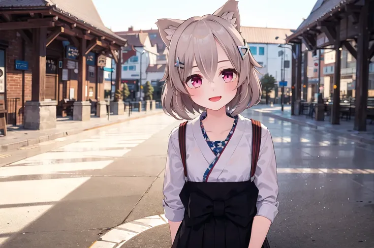 (masterpiece:1.5), illustration, 4k, 8k, (high quality:1.1), highly detailed, detailed face, HDR, vivid colors, natural lighting, \(1girl\), hakama skirt. perspective, smile, cropped arms, on stomach, (architecture:0.6) {<lora:theovercomer8sContrastFix_sd15:0.9> <lora:torasuchan:0.6>