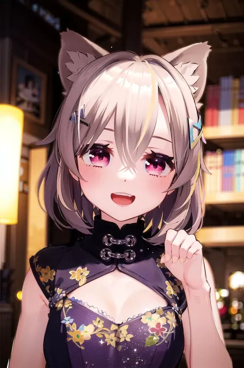 (masterpiece:1.5), illustration, 4k, 8k, (high quality:1.1), highly detailed, detailed face, HDR, vivid colors, natural lighting, \(1girl\), China Dress. from below, :d, close-up, paw pose,<lora:theovercomer8sContrastFix_sd15:0.9> <lora:torasuchan:0.6>