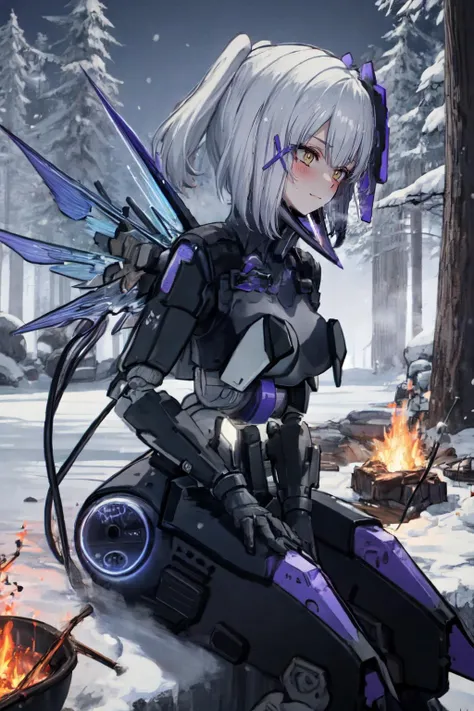 white hair, yellow eyes, x hair accessory, cable, headgear, medium hair, mecha musume, robot joints, cowboy shot, outdoors, snow, trees, hair ornament, hairclip, large breasts, cable, mechanical wings, (energy wings:1.2), large breasts
BREAK blizzard, light smile, blush, heavy breathing, embarrassed
BREAK sitting, campfire, camp supplies, fishing
<lora:rosetta-23-896-3000:1>