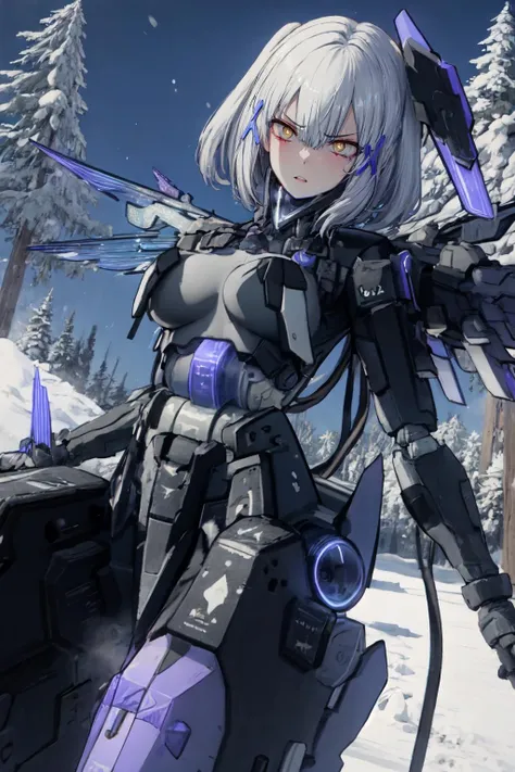 white hair, yellow eyes, x hair accessory, cable, headgear, medium hair, mecha musume, cowboy shot, outdoors, snow, trees, hair ornament, hairclip, large breasts, cable, mechanical wings, (energy wings:1.2), large breasts
BREAK furious, blizzard, focused, parted lips, (glowing eyes:1.1), dutch angle, 
 <lora:rosetta-23-896-3000:1>
