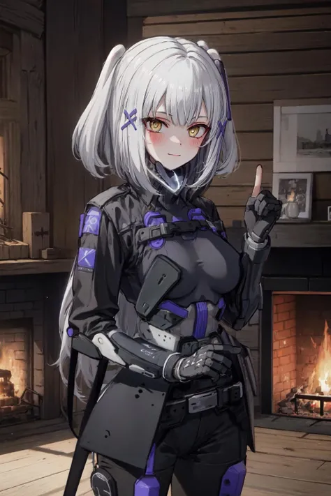 white hair, yellow eyes, cowboy shot, indoors, black sweater dress, purple ribbon, black belt, black pants, indoors, light smile, blush, large breasts, chest belt, mechanical arms, chest harness, techwear, black coat
BREAK wooden lodge, fireplace
<lora:rosetta-23-896-3000:1>