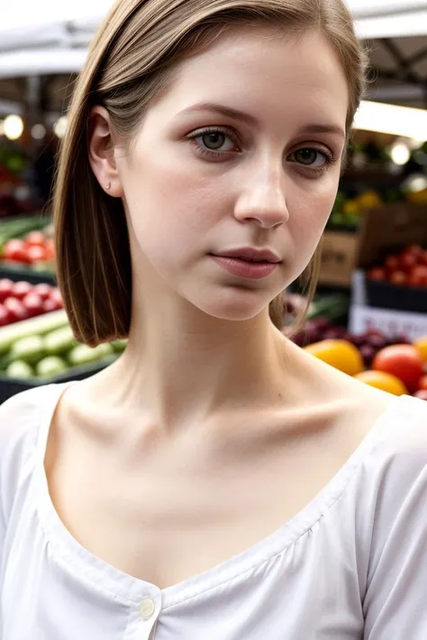 European woman, closeup, sandals, (shirt), pants, (grocery store), [ZM_tricia:ZM_elif], wide shoulders, perfect face, (contact iris: 1.1), pale skin, skin pores , depth of field