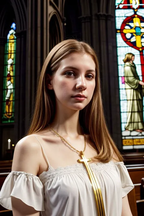 <lora:kawaii7.1.3_obj20:0.75:0.25>, European woman, closeup, (shirt), pants, ((inside a church: 1.2), stained glass), gold necklace , ZM_lavra, wide shoulders, perfect face, (contact iris: 1.1), pale skin, skin pores , depth of field