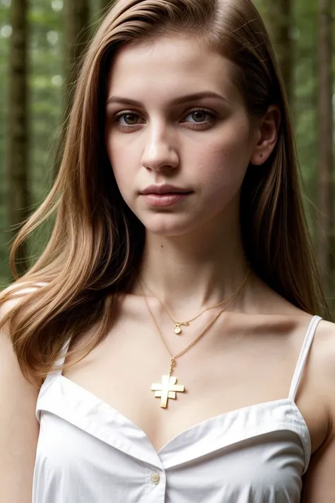 European woman, closeup, (shirt), pants, (Olympic national park), cross necklace , ZM_mathilde, wide shoulders, perfect face, (contact iris: 1.1), pale skin, skin pores , depth of field