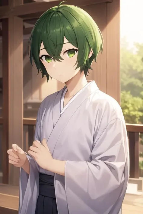 masterpiece, best quality, high quality, 1boy, solo, male focus, looking at viewer, upper body, <lora:shuu_iura:0.70>, shuu_iura, green hair, green eyes, hair between eyes, , yukata