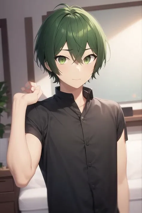 masterpiece, best quality, high quality, 1boy, solo, male focus, looking at viewer, upper body, <lora:shuu_iura:0.58>, shuu_iura, green hair, green eyes, hair between eyes, ,
