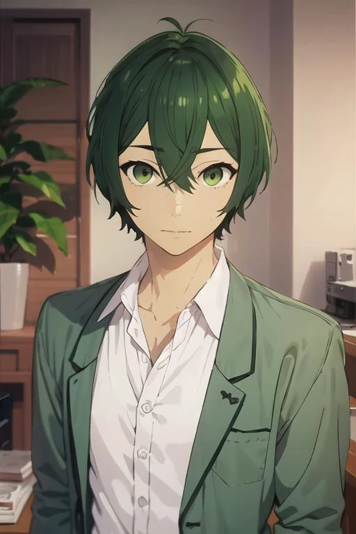 masterpiece, best quality, high quality, 1boy, solo, male focus, looking at viewer, upper body, <lora:shuu_iura:0.84>, shuu_iura, green hair, green eyes, hair between eyes, realistic, pajamas