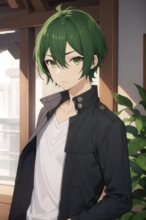 masterpiece, best quality, high quality, 1boy, solo, male focus, looking at viewer, upper body, <lora:shuu_iura:0.64>, shuu_iura, green hair, green eyes, hair between eyes, , gakuran
