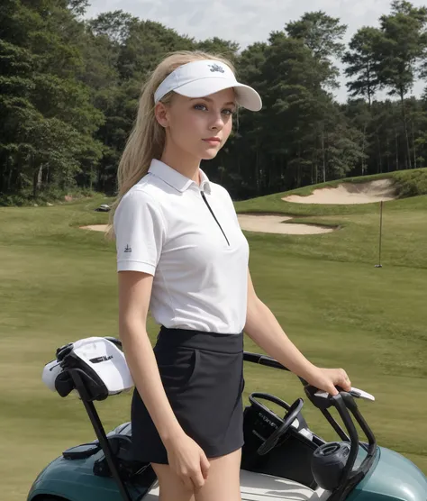 photo of Princess Estelle of Sweden is known for her charismatic personality, <lora:golf_outfit-10:0.5> wearing golf_outfit, wearing golf_cap, golf field, golf cart background, <lora:nanbo:0.7> building, sexy cat ears, best quality, ultra detailed