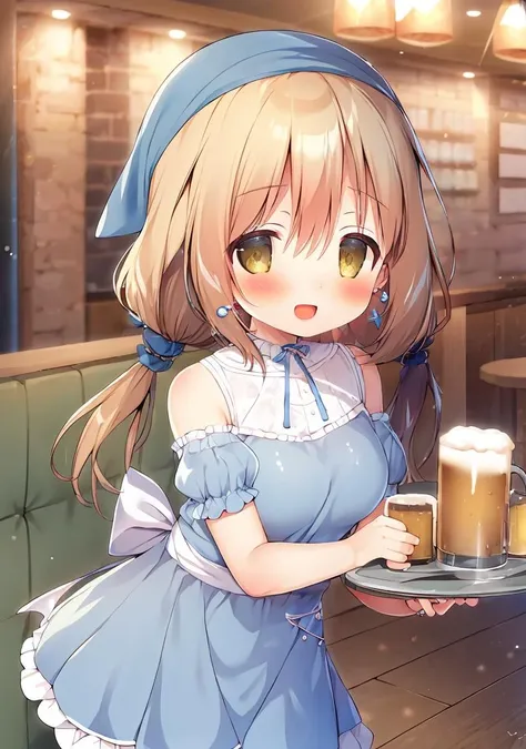 tdng, <lora:tdng_v1-000004:1> masterpiece, best quality,(masterpiece:1.2), best quality,8k wallpaper,shiny skin,cowboy shot,(looking at viewer:1.3),masterpiece, best quality, 1girl,(cowboy shot:1.3), dress, holding, bare shoulders, twintails, brown eyes, jewelry, short sleeves, :d, earrings, detached sleeves, solo focus, puffy sleeves, indoors, cup, puffy short sleeves, blue dress, low twintails, table, bottle, hair over shoulder, faceless, alcohol, tray, faceless male, mug, waitress, holding tray, head scarf, beer, beer mug, bar \(place\)