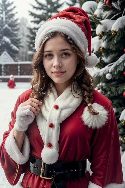 perfect cinematic shoot of a beautiful woman (JGtfr0stad:.999) 1girl, (perfect female body), hair ribbon, long hair, sidelocks, twintails, two side up,
(snow:1.5), standing, arms behind back,
BREAK
( red santa robe with white fur, furry long skirt with white fur, black belt, santa hat:1.5), exposed arms, perfect eyes,
BREAK
(building snowmen and having snowball fights:1.4),( bob cratchit's home:1.4), (making and enjoying holiday treats:1.4)