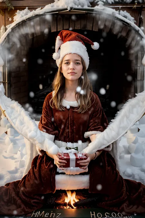 perfect cinematic shoot of a beautiful woman (JGtfr0stad:.999) 1girl, (perfect female portrait), hair ribbon, long hair, sidelocks, twintails, two side up,
(snow:1.5), standing, arms behind back,
BREAK
( brown santa robe with white fur, santa hat:1.5), perfect eyes, (head only:1.2)
BREAK
(cozy evenings by the fireplace with hot cocoa:1.4),( ghostly apparitions:1.4), (participating in a white elephant gift exchange:1.4)