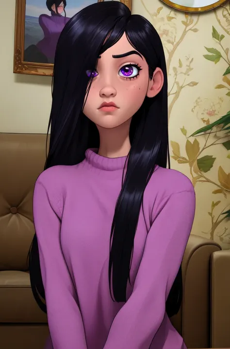 vilett,black hair,purple eyes, long hair,hair over one eye,
pink sweater, serious,
upper body, sitting,
living room,
(insanely detailed, beautiful detailed face,beautiful detailed eyes, masterpiece, best quality),solo, <lora:VioletCas:0.8>