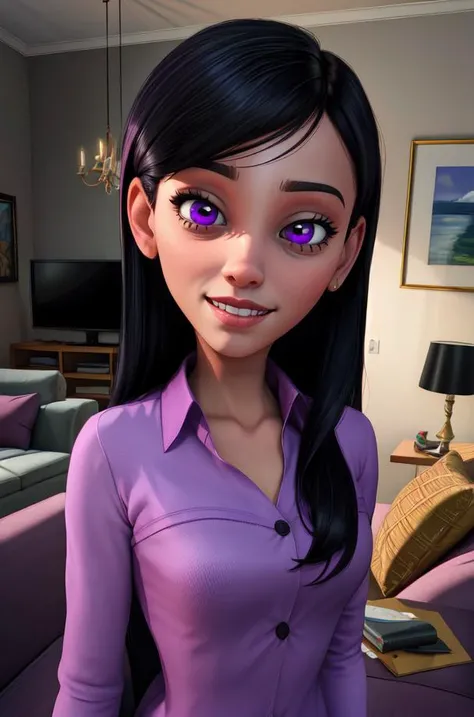 vilett,black hair,purple eyes, long hair, ,
pink shirt, hairband,
upper body, standing, light smile,
living room,
(insanely detailed, beautiful detailed face,beautiful detailed eyes, masterpiece, best quality),solo, <lora:VioletCas:0.8>