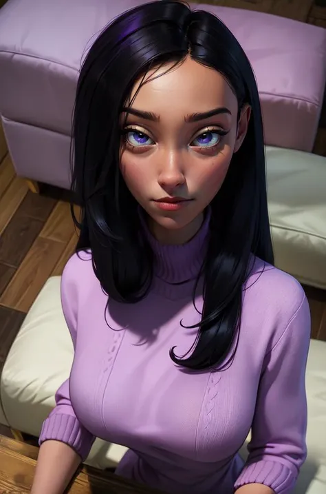 Violet Parr 1girl, (flat chest), (((very small breasts))), ass:1.3, purple eyes,  black hair, long hair, lips, bang, blush, naked, she is showing her vagina, depth of field, bokeh, (special attention to skin detail: 1.2), masterpiece, best quality, ultra-detailed, ultra-HD, photorealistic, cinematic, ((close-up camera shot)), sensual pose, alluring, cowgirl:1.4, looking down at camera, location is in a superhero headquarters