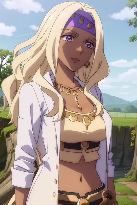 ratotilanthreya, <lora:ratotil anthreya s3-lora-nochekaiser:1>,
ratotil anthreya, long hair, blonde hair, (pink eyes:1.3), dark skin, dark-skinned female, makeup, headband, lipstick, smile,
BREAK navel, cleavage, jewelry, earrings, midriff, pants, necklace, nail polish, bracelet, hoop earrings, labcoat,
BREAK outdoors, forest, nature, sun, sky, trees, clouds, grass,
BREAK looking at viewer, (cowboy shot:1.5),
BREAK <lyco:GoodHands-beta2:1>, (masterpiece:1.2), best quality, high resolution, unity 8k wallpaper, (illustration:0.8), (beautiful detailed eyes:1.6), extremely detailed face, perfect lighting, extremely detailed CG, (perfect hands, perfect anatomy),