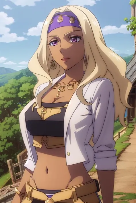 ratotilanthreya, <lora:ratotil anthreya s3-lora-nochekaiser:1>,
ratotil anthreya, long hair, blonde hair, (pink eyes:1.3), dark skin, dark-skinned female, makeup, headband, lipstick, smile,
BREAK navel, cleavage, jewelry, earrings, midriff, pants, necklace, nail polish, bracelet, hoop earrings, labcoat,
BREAK outdoors, forest, nature, sun, sky, trees, clouds, grass,
BREAK looking at viewer, (cowboy shot:1.5),
BREAK <lyco:GoodHands-beta2:1>, (masterpiece:1.2), best quality, high resolution, unity 8k wallpaper, (illustration:0.8), (beautiful detailed eyes:1.6), extremely detailed face, perfect lighting, extremely detailed CG, (perfect hands, perfect anatomy),