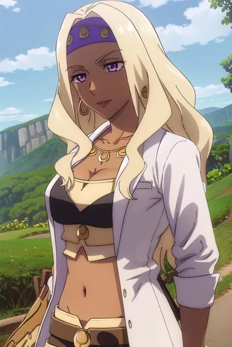 ratotilanthreya, <lora:ratotil anthreya s3-lora-nochekaiser:1>,
ratotil anthreya, long hair, blonde hair, (pink eyes:1.3), dark skin, dark-skinned female, makeup, headband, lipstick, smile,
BREAK navel, cleavage, jewelry, earrings, midriff, pants, necklace, nail polish, bracelet, hoop earrings, labcoat,
BREAK outdoors, forest, nature, sun, sky, trees, clouds, grass,
BREAK looking at viewer, (cowboy shot:1.5),
BREAK <lyco:GoodHands-beta2:1>, (masterpiece:1.2), best quality, high resolution, unity 8k wallpaper, (illustration:0.8), (beautiful detailed eyes:1.6), extremely detailed face, perfect lighting, extremely detailed CG, (perfect hands, perfect anatomy),