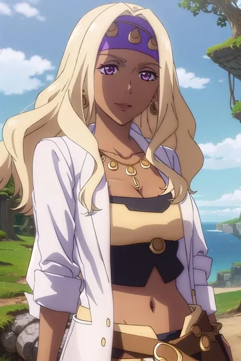 ratotilanthreya, <lora:ratotil anthreya s3-lora-nochekaiser:1>,
ratotil anthreya, long hair, blonde hair, (pink eyes:1.3), dark skin, dark-skinned female, makeup, headband, lipstick, smile,
BREAK navel, cleavage, jewelry, earrings, midriff, pants, necklace, nail polish, bracelet, hoop earrings, labcoat,
BREAK outdoors, forest, nature, sun, sky, trees, clouds, grass,
BREAK looking at viewer, (cowboy shot:1.5),
BREAK <lyco:GoodHands-beta2:1>, (masterpiece:1.2), best quality, high resolution, unity 8k wallpaper, (illustration:0.8), (beautiful detailed eyes:1.6), extremely detailed face, perfect lighting, extremely detailed CG, (perfect hands, perfect anatomy),