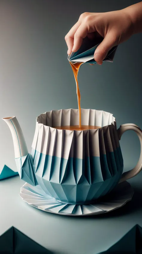woorigami a teapot pouring a river into a cup creating an ocean, folded, paper-made, origami <lora:WorldofOrigami:1><lora:add_detail:0.5> <lora:LowRa:0.25>, (Masterpiece:1.3) (best quality:1.2) (high quality:1.1), HDR10,lightroom,Masterpiece,style of,crisp and detailed,real photo,hyper realistic,intricate detail,photo quality,32k resolution