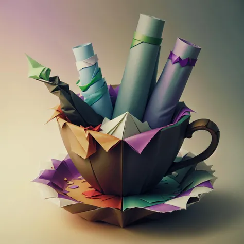 <lora:WorldofOrigami:1>, woorigami, paper, origami, folded, teacup, green, red, blue, purple, yellow, pink, black, white, brown, paper-made, day, volumetric lighting,