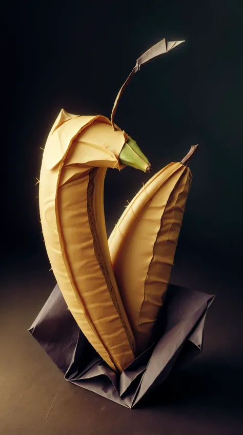 woorigami banana, folded, paper-made, origami <lora:WorldofOrigami:1><lora:add_detail:0.5> <lora:LowRa:0.25>, (Masterpiece:1.3) (best quality:1.2) (high quality:1.1), art style,Masterpiece,intricately detailed,80mm F1.9 lens,anamorphic,film light,natural lighting,fantasy,medium photography,breathtaking