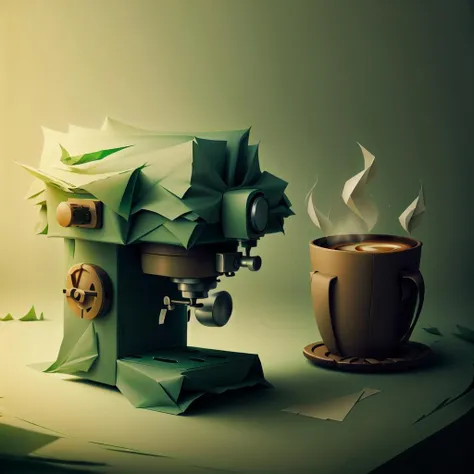 <lora:WorldofOrigami:1>, woorigami, paper, origami, folded, coffee machine, on bar counter, tavern background, green, paper-made, day, volumetric lighting,