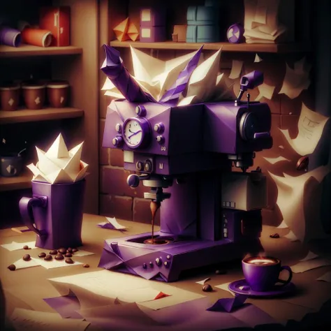 <lora:WorldofOrigami:1>, woorigami, paper, origami, folded, coffee machine, on bar counter, tavern background, purple, paper-made, day, volumetric lighting,