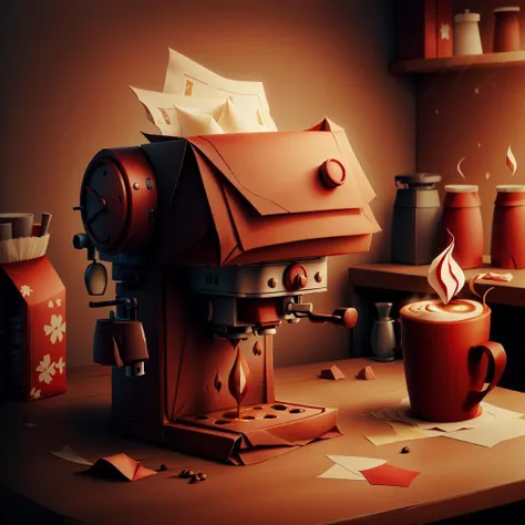 <lora:WorldofOrigami:1>, woorigami, paper, origami, folded, coffee machine, on bar counter, tavern background, red, paper-made, day, volumetric lighting,
