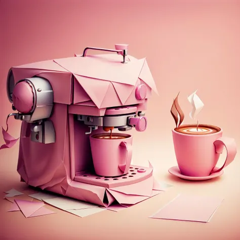 <lora:WorldofOrigami:1>, woorigami, paper, origami, folded, coffee machine, on bar counter, tavern background, pink, paper-made, day, volumetric lighting,