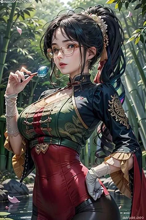 glow,masterpiece, beautiful, 4K, best quality, rave style, cute face, small breasts, rainbow hair,high ponytail,(pointed ears),round frame glasses,wide hips,Pouting expression, miniskirt,Slit skirt,(Maid appearance),Clothes that have fallen apart,((Lying)), (oil skin),(nsfw:0.55), ((flat chested, flat stomach, baby face)), (intense colors), 64k, award winning illustration, realistic light, ultra-detailed, high quality concept art, trending art on Artstation, Chinese ink painting, inspired by Daiqing Tana and Haya, inspired by SaDingDing, inspired by Otyken, inspired by Cave of 1,000 Buddhas and Taoist mythology, inspired by Alphonse Mucha style with art nouveau elements.