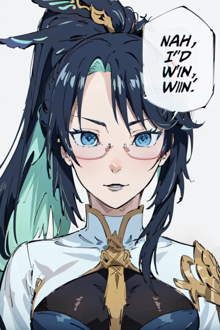 (masterpiece, best quality:1.2),
<lora:concept_nahidwin:1.0>, nahidwin, speech bubble, english text, close-up,1girl, solo,
<lora:Xianyun:0.8>, long hair, blue eyes, (glasses, semi-rimless eyewear:1.2), ponytail, multicolored hair, hair ornament, <lora:ButtCrack:1.0><lora:ButtCrack:1.0>