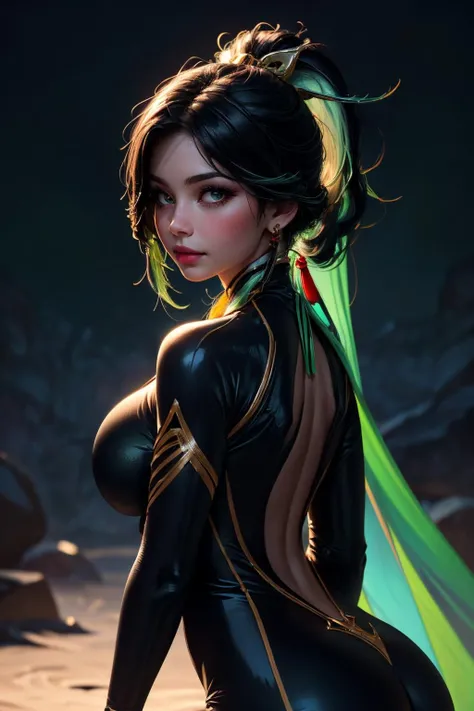 (best quality,ultra-detailed,realistic:1.37),beautiful detailed face,green eyes,sharp focus,akali face,perfect complexion,defined facial features,gorgeous lips,artistic rendering of the face,subtle shadows and highlights,high resolution,pop art style,soft and warm color tones,studio lighting, (NSFW: 1.0), naked girl, tiny nipple, long breasts