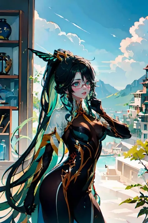 ultra detailed, masterpiece, best quality, solo, straight-on, cowboy shot,
<lora:CloudRetainer-08:0.85> CloudRetainer, hair ornament, high ponytail, under-rim eyewear, multicolored hair, two-tone hair, black hair, green hair, earrings, bodysuit, chinese clothes, elbow gloves