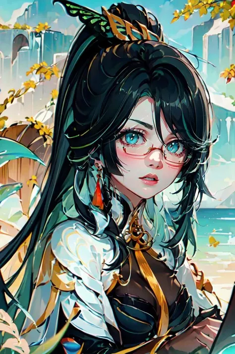 ultra detailed, masterpiece, best quality, solo, straight-on,
<lora:CloudRetainer-08:1> CloudRetainer, hair ornament, high ponytail, under-rim eyewear, multicolored hair, two-tone hair, black hair, green hair, earrings, bodysuit, chinese clothes, elbow gloves