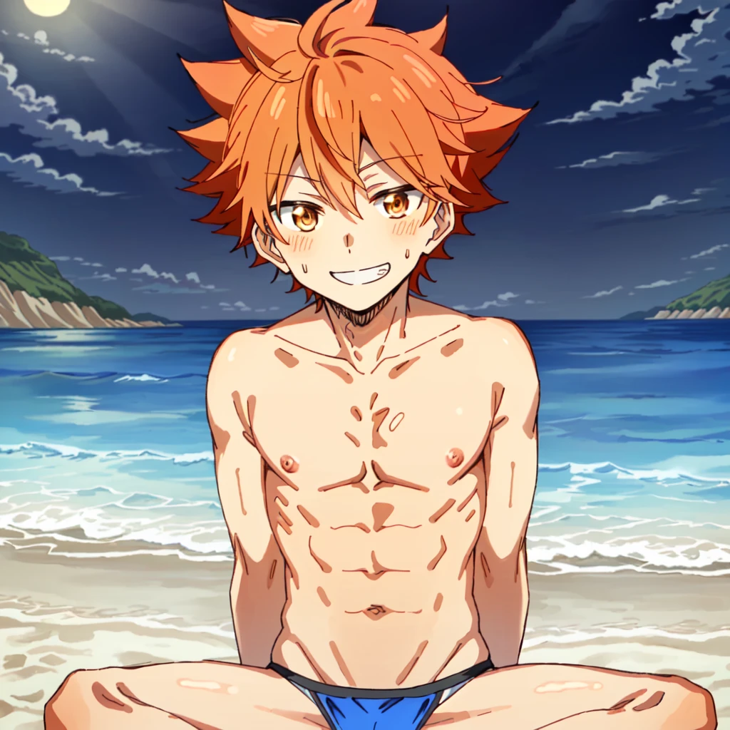 masterpiece,best quality,highly detailed,detailed eyes,4K,8K,vivid _color, dreamlike,thick_outline,<lora:shouyouHinataHaikyuu_v10:0.8>, Shouyou Hinata haikyuu!! hinata_shouyou,orange_eyes,orange_hair,1boy, beach, night,spiked_hair, collarbone, shinny_skin, looking_at_viewer, male_focus, (male_swimwear), ocean, (nipple),shirtless,smile, sand, shore, solo, water,sitting,